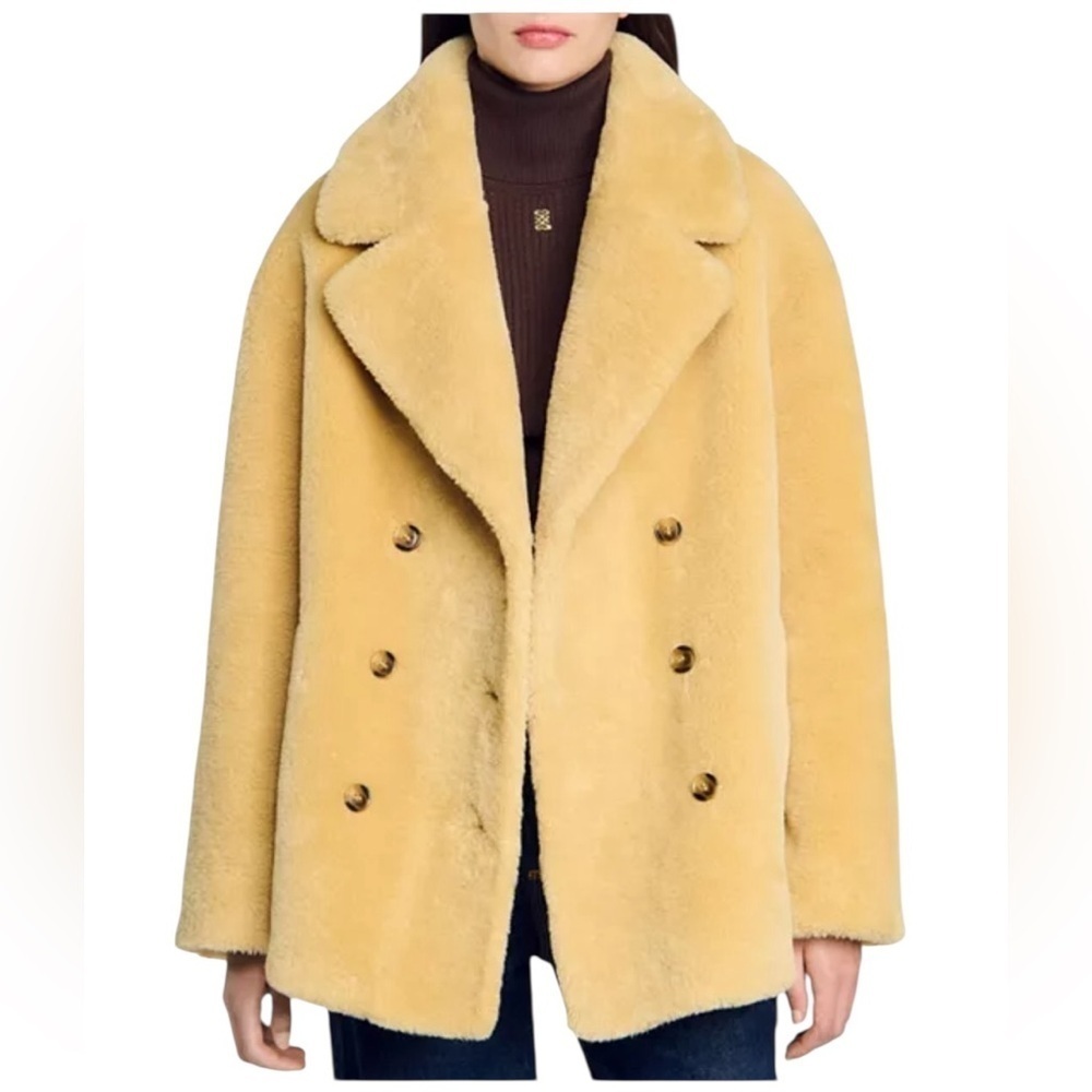 SANDRO Faux Fur Double Breasted Coat Natural Size 36